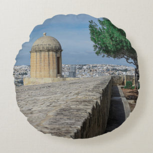 Gun turret on old city walls in Valletta, Malta Round Cushion