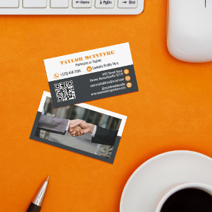 Gunmetal & Orange Professional Icons QR Code Business Card