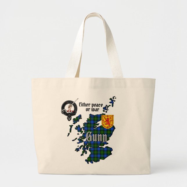 Gunn Clan Badge & Tartan Map of Scotland  Large Tote Bag (Front)