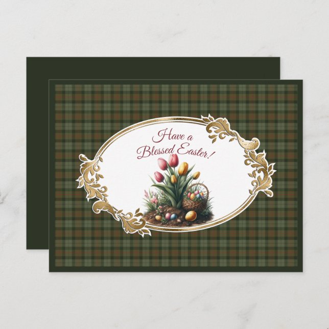 Gunn Weathered Scottish Tartan Easter Tulips Holiday Postcard (Front/Back)