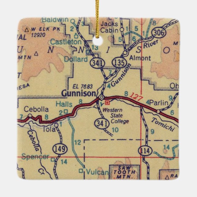 Gunnison Vintage Map Ceramic Ornament (Back)