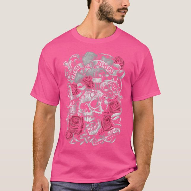 Guns N' Roses Official Flourish Skull Pink Roses T-Shirt (Front)