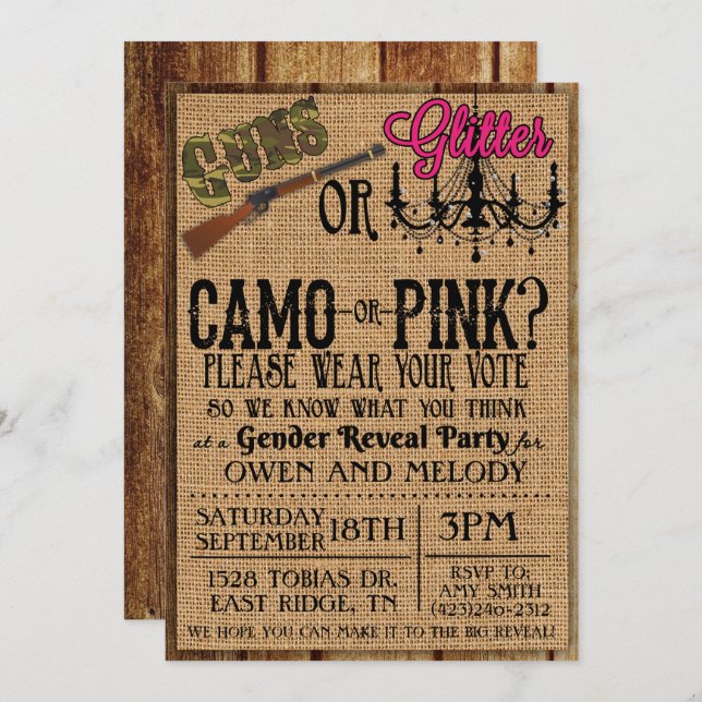 Guns or Glitter Gender Reveal Invitation (Front/Back)