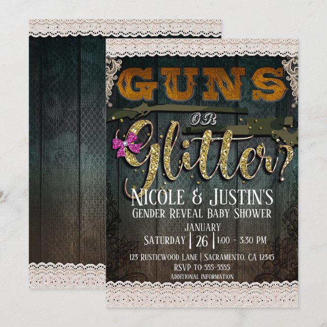 GUNS OR GLITTER Wood Lace Gender Reveal Shower Invitation (Front/Back)