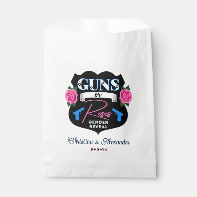 Guns or Roses Gender Reveal Baby Shower Pink/Blue Favour Bags (Front)