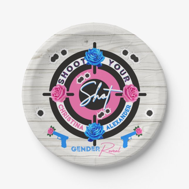 Guns or Roses Gender Reveal Baby Shower Pink/Blue Paper Plate (Front)