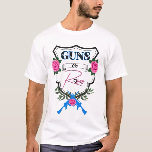 Guns or Roses Gender Reveal Baby Shower Pink/Blue T-Shirt (Front)