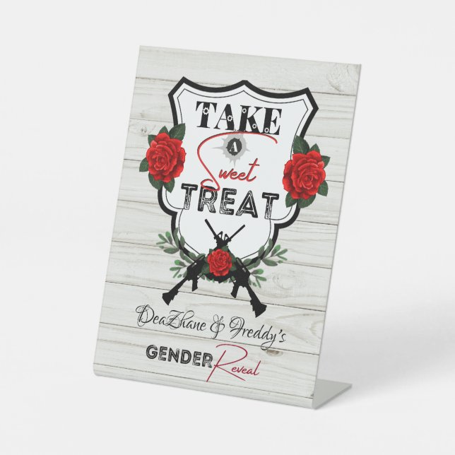 Guns or Roses Gender Reveal Baby Shower Treat Pedestal Sign (Front)