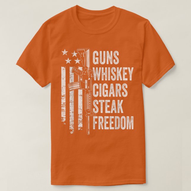 Guns Whiskey Cigars Steak FreedomUSA Flag BBQ Funn T-Shirt (Design Front)