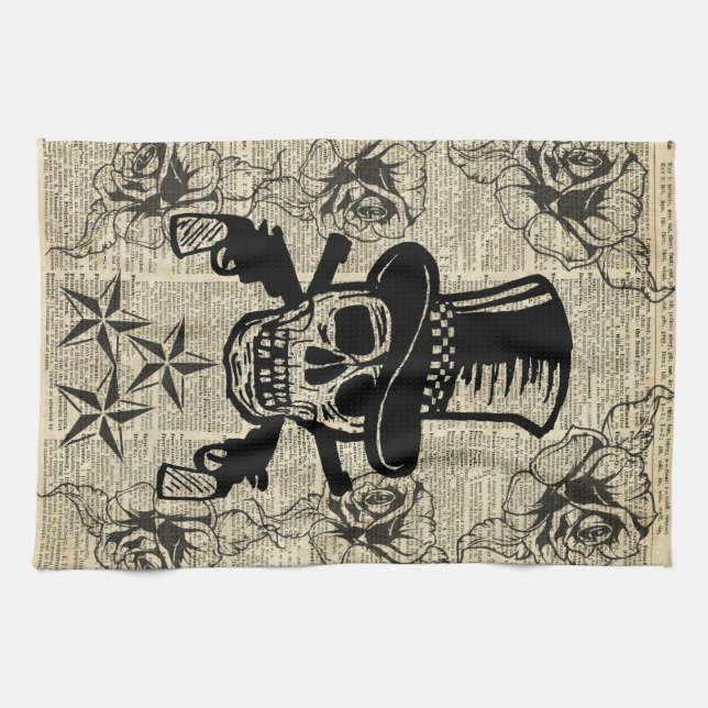 Gunslinger,Happy Skull,Guns,Roses,Gift,Teens,Rock Tea Towel (Horizontal)