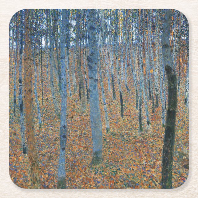 Gustav Klimt Beech Tree Forest Grove Square Paper Coaster (Front)