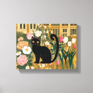 Gustav Klimt Black Cat In a Flower Garden, Cat Art Canvas Print