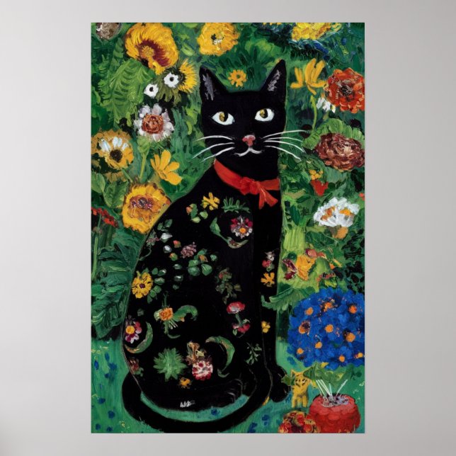 Gustav Klimt Black Cat In a Flower Garden, Cat Art Poster (Front)