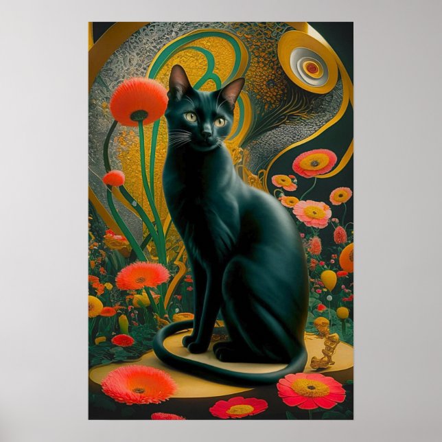 Gustav Klimt Black Cat In a Flower Garden, Cat art Poster (Front)