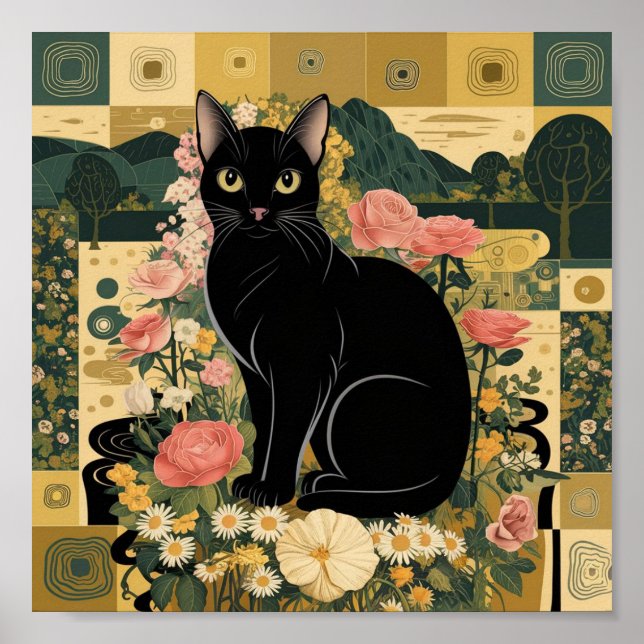 Gustav Klimt Black Cat In a Flower Garden, Cat Art Poster (Front)