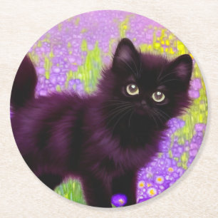 Gustav Klimt Black Kitten Round Paper Coaster