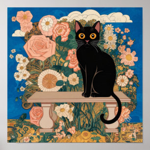 Gustav Klimt Floral Black Cat Altered Vintage Art Poster