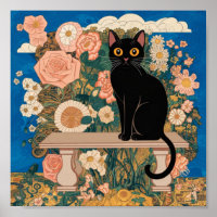 Gustav Klimt Floral Black Cat Altered Vintage Art
