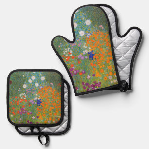 Gustav Klimt Flower Garden Cottage Nature Oven Mitt & Pot Holder Set