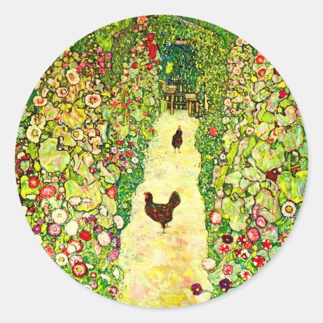 Gustav Klimt Garden with Chickens Classic Round Sticker (Front)
