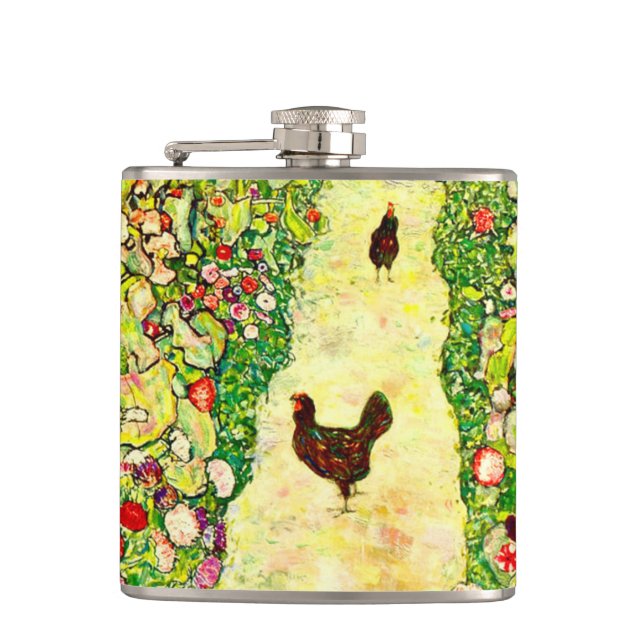 Gustav Klimt Garden with Chickens Hip Flask (Front)