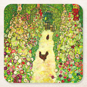 Gustav Klimt Garden with Chickens Square Paper Coaster