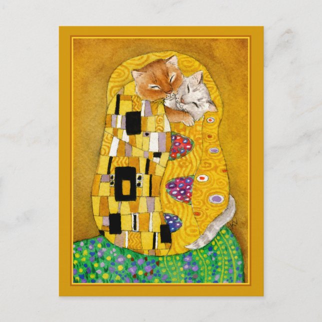Gustav Klimt kiss gold cute cat spoof postcard (Front)