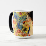 Gustav Klimt Lady with Fan<br><div class="desc">Magic Mug featuring Gustav Klimt’s oil painting Lady with Fan (1918). A woman wearing a blue kimono holds a red fan against a colourful yellow background of flowers and peacocks. A great gift for fans of Japonisme and European art.</div>