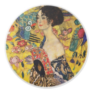 Gustav Klimt Lady With Fan Art Nouveau Painting Ceramic Knob