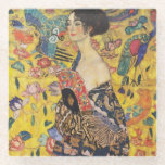 Gustav Klimt Lady With Fan Art Nouveau Painting Glass Coaster<br><div class="desc">Gustav Klimt Lady With Fan Art Nouveau Painting This half portrait of a beautiful woman shows a yellow background with asiatic ornaments, colourful birds and lotus flowers. The lady wears a dress in the style of a kimono imprinted with motives of a Chinese dragon dress. Beautiful artistic romantic decorative fine...</div>