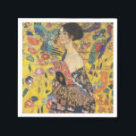 Gustav Klimt Lady With Fan Art Nouveau Painting Napkin<br><div class="desc">Gustav Klimt Lady With Fan Art Nouveau Painting This half portrait of a beautiful woman shows a yellow background with asiatic ornaments, colourful birds and lotus flowers. The lady wears a dress in the style of a kimono imprinted with motives of a Chinese dragon dress. Beautiful artistic romantic decorative fine...</div>