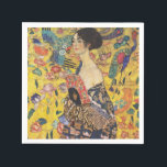 Gustav Klimt Lady With Fan Art Nouveau Painting Napkin<br><div class="desc">Gustav Klimt Lady With Fan Art Nouveau Painting This half portrait of a beautiful woman shows a yellow background with asiatic ornaments, colourful birds and lotus flowers. The lady wears a dress in the style of a kimono imprinted with motives of a Chinese dragon dress. Beautiful artistic romantic decorative fine...</div>