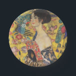 Gustav Klimt Lady With Fan Art Nouveau Painting Paper Plate<br><div class="desc">Gustav Klimt Lady With Fan Art Nouveau Painting This half portrait of a beautiful woman shows a yellow background with asiatic ornaments, colourful birds and lotus flowers. The lady wears a dress in the style of a kimono imprinted with motives of a Chinese dragon dress. Beautiful artistic romantic decorative fine...</div>