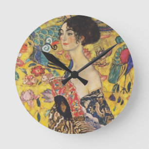 Gustav Klimt Lady With Fan Art Nouveau Painting Round Clock