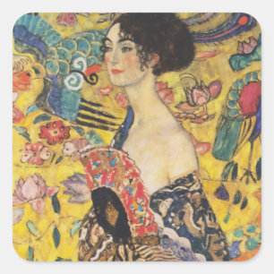 Gustav Klimt Lady With Fan Art Nouveau Painting Square Sticker