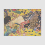 Gustav Klimt Lady With Fan Art Nouveau Painting Tissue Paper<br><div class="desc">Gustav Klimt Lady With Fan Art Nouveau Painting This half portrait of a beautiful woman shows a yellow background with asiatic ornaments, colourful birds and lotus flowers. The lady wears a dress in the style of a kimono imprinted with motives of a Chinese dragon dress. Beautiful artistic romantic decorative fine...</div>