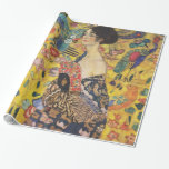 Gustav Klimt Lady With Fan Art Nouveau Painting Wrapping Paper<br><div class="desc">Gustav Klimt Lady With Fan Art Nouveau Painting This half portrait of a beautiful woman shows a yellow background with asiatic ornaments, colourful birds and lotus flowers. The lady wears a dress in the style of a kimono imprinted with motives of a Chinese dragon dress. Beautiful artistic romantic decorative fine...</div>