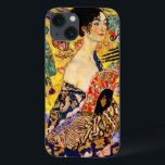 Gustav Klimt Lady with Fan iPhone 13 Case<br><div class="desc">iPhone Case featuring Gustav Klimt’s oil painting Lady with Fan (1918). A woman wearing a blue kimono holds a red fan against a colourful yellow background of flowers and peacocks. A great gift for fans of Japonisme and European art.</div>