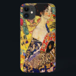 Gustav Klimt Lady with Fan Case-Mate iPhone Case<br><div class="desc">iPhone Case featuring Gustav Klimt’s oil painting Lady with Fan (1918). A woman wearing a blue kimono holds a red fan against a colourful yellow background of flowers and peacocks. A great gift for fans of Japonisme and European art.</div>