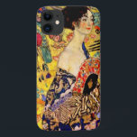 Gustav Klimt Lady with Fan Case-Mate iPhone Case<br><div class="desc">iPhone Case featuring Gustav Klimt’s oil painting Lady with Fan (1918). A woman wearing a blue kimono holds a red fan against a colourful yellow background of flowers and peacocks. A great gift for fans of Japonisme and European art.</div>