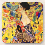 Gustav Klimt Lady with Fan Coaster<br><div class="desc">Coasters featuring Gustav Klimt’s oil painting Lady with Fan (1918). A woman wearing a blue kimono holds a red fan against a colourful yellow background of flowers and peacocks. A great gift for fans of Japonisme and European art.</div>