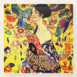 Gustav Klimt Lady with Fan Glass Coaster<br><div class="desc">Glass Coaster featuring Gustav Klimt’s oil painting Lady with Fan (1918). A woman wearing a blue kimono holds a red fan against a colourful yellow background of flowers and peacocks. A great gift for fans of Japonisme and European art.</div>