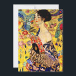 Gustav Klimt Lady with Fan Invitation<br><div class="desc">Card featuring Gustav Klimt’s oil painting Lady with Fan (1918). A woman wearing a blue kimono holds a red fan against a colourful yellow background of flowers and peacocks. A great gift for fans of Japonisme and European art.</div>