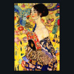 Gustav Klimt Lady with Fan Photo Print<br><div class="desc">Photo Print featuring Gustav Klimt’s oil painting Lady with Fan (1918). A woman wearing a blue kimono holds a red fan against a colourful yellow background of flowers and peacocks. A great gift for fans of Japonisme and European art.</div>