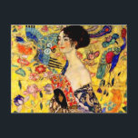 Gustav Klimt Lady with Fan Postcard<br><div class="desc">Postcard featuring Gustav Klimt’s oil painting Lady with Fan (1918). A woman wearing a blue kimono holds a red fan against a colourful yellow background of flowers and peacocks. A great gift for fans of Japonisme and European art.</div>