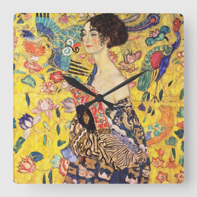 Gustav Klimt "Lady with fan" Square Wall Clock (Front)