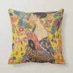 Gustav Klimt Lady with fan Vintage Throw Pillow<br><div class="desc">Gustav Klimt,  Dame mit Fächer (Lady with fan),  painting,  1917-1918 A beautiful woman with a red fan before a background of brightly coloured birds and flowers.</div>
