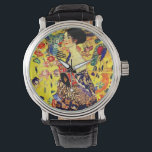 Gustav Klimt Lady with Fan Watch<br><div class="desc">Watch featuring Gustav Klimt’s oil painting Lady with Fan (1918). A woman wearing a blue kimono holds a red fan against a colourful yellow background of flowers and peacocks. A great gift for fans of Japonisme and European art.</div>