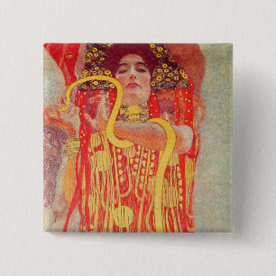 Gustav Klimt Red Woman Gold Snake Painting 15 Cm Square Badge