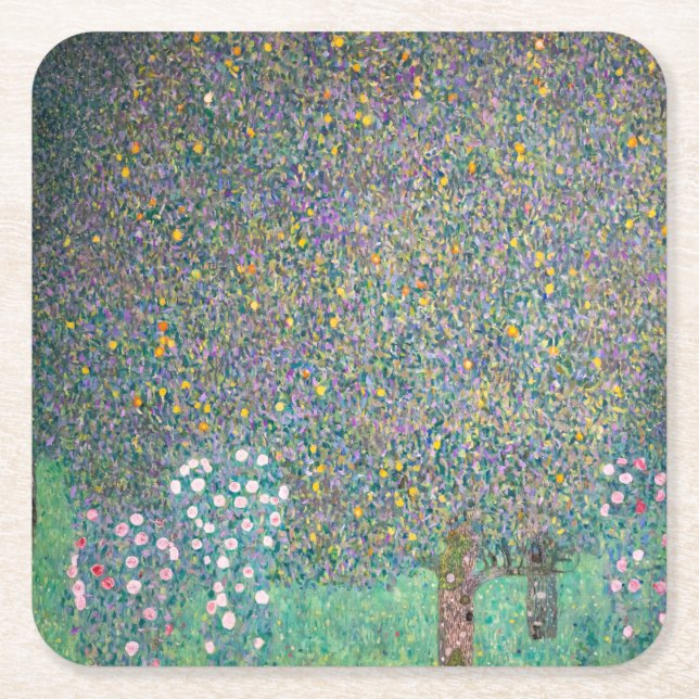 Gustav Klimt - Rosebushes under the Trees Square Paper Coaster (Front)